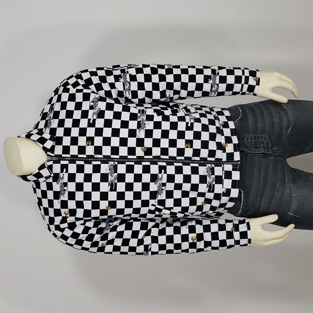 TOM AND JERRY BLACK / WHITE CHECKER ZIP FRONT BOMBER JACKET M